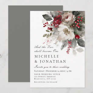 Invitation Élégant Mariage chrétien de Noël Argent Rouge