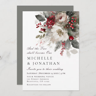 Invitation Élégant Mariage chrétien de Noël Argent Rouge