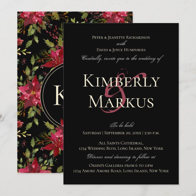 Invitation Elégant Mariage Claret Rouge Poinsettia Monogramme (Devant / Derrière)