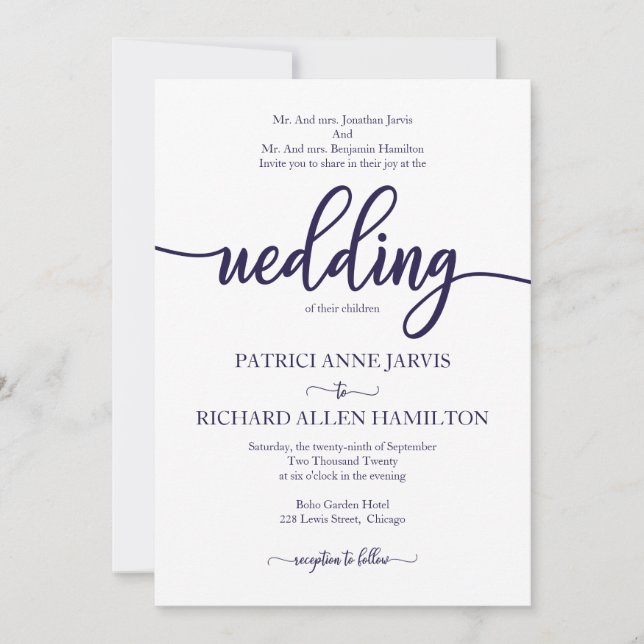 Invitation Élégant Mariage Classique Bleu Et Blanc Marine (Devant)