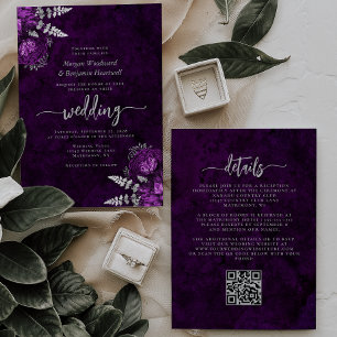 Invitation Élégant mariage code QR floral argent plum