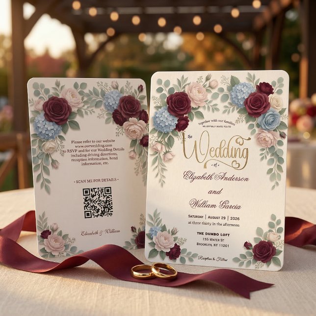 Invitation Élégant Mariage Code QR Moderne Rose Bourgogne (Créateur téléchargé)