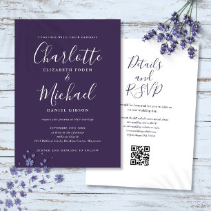 Invitation Élégant mariage code QR moderne violet écriture