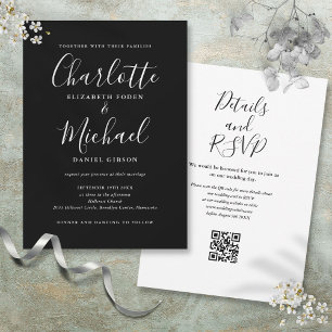 Invitation Élégant mariage code QR noir et blanc Script