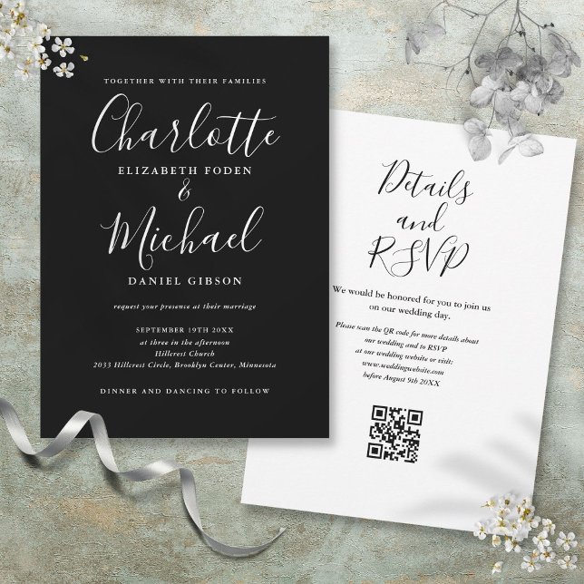 Invitation Élégant mariage code QR noir et blanc Script (Elegant Script Black And White QR Code Wedding Invitation)