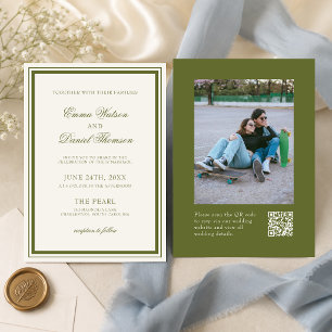 Invitation Élégant Mariage Code QR Photo Vert Olive