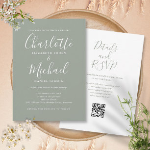 Invitation Élégant mariage code QR simple vert sauge écriture