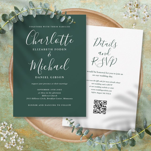 Invitation Élégant mariage code QR vert émeraude Script (Elegant Script Emerald Green QR Code Wedding Invitation)