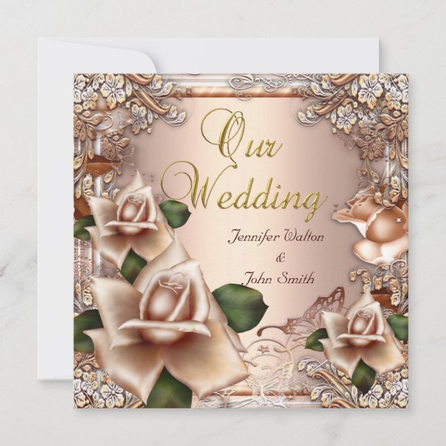 Invitation Elégant mariage crème beige Rose or (Devant)