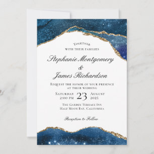 Invitation Élégant Mariage d'agate d'or bleu