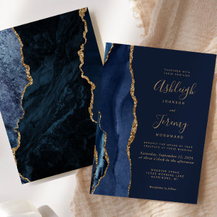 Invitation Élégant Mariage d'âge or bleu marine