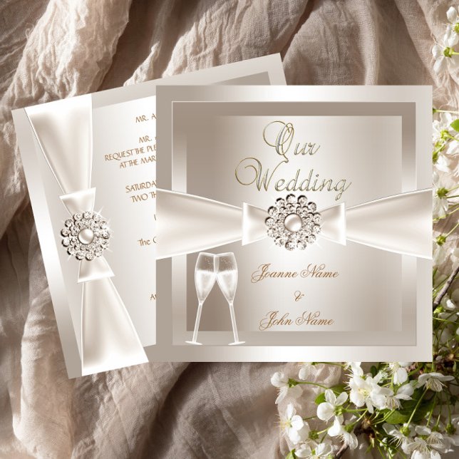 Invitation Elégant Mariage Damas Crème blanc Champagne (Créateur téléchargé)