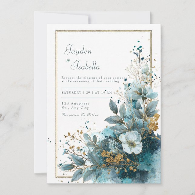 Invitation Elégant Mariage d'aquarelle Azure Blooms (Devant)