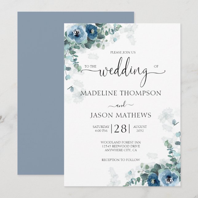 Invitation Elégant Mariage d'aquarelle bleu-bleu-bleu (Devant / Derrière)