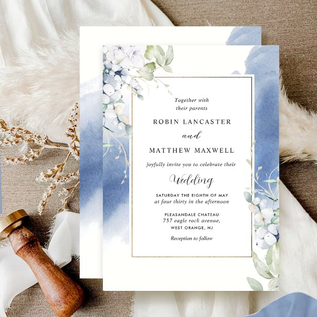 Invitation Elégant Mariage d'aquarelle bleu et blanc (Créateur téléchargé)