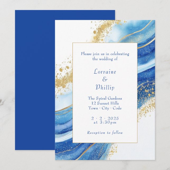 Invitation Elégant Mariage d'aquarelle bleu et or (Devant / Derrière)