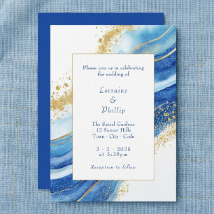 Invitation Elégant Mariage d'aquarelle bleu et or
