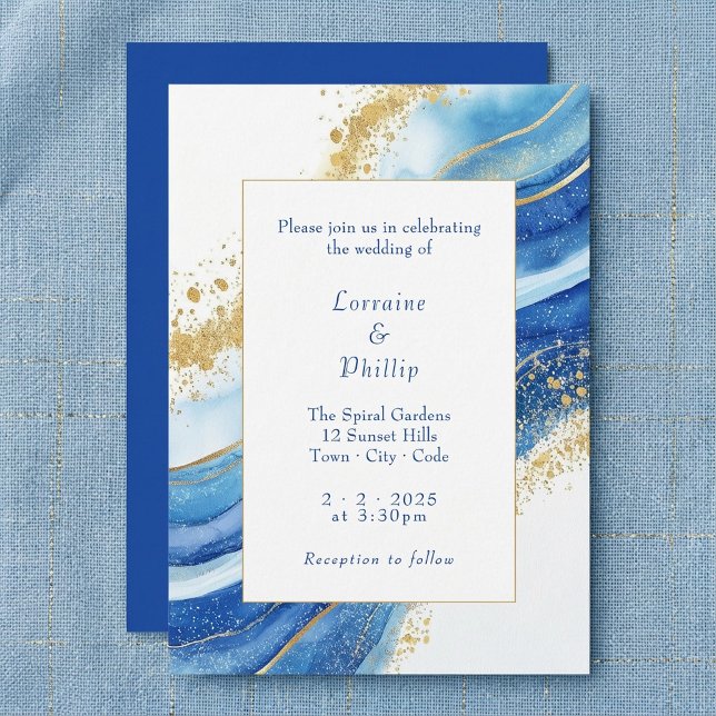 Invitation Elégant Mariage d'aquarelle bleu et or (Elegant Blue and Gold Watercolor Wedding Invitation)