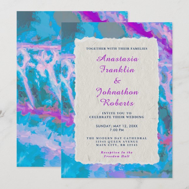 Invitation Elégant Mariage d'aquarelle bleu rose Abstrait (Devant / Derrière)