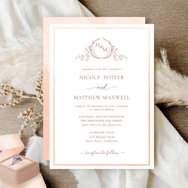 Invitation Élégant Mariage d'aquarelle de pêche de monogramme (Créateur téléchargé)