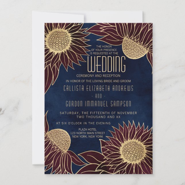Invitation Elégant Mariage d'aquarelle de tournesol bordeaux (Devant)