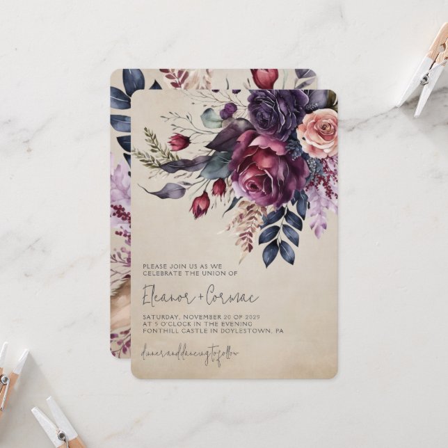 Invitation Elégant Mariage d'aquarelle florale de la marine b (Devant/Arrière en situation)