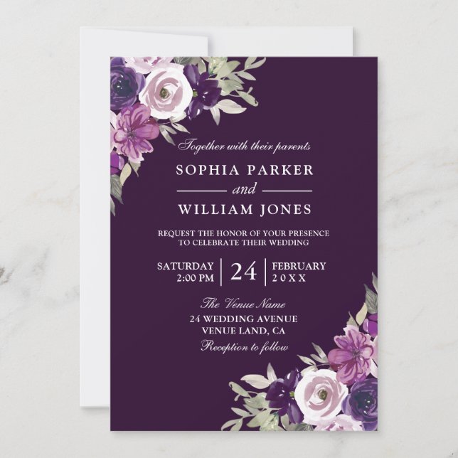 Invitation Élégant Mariage d'aquarelle florale violet (Devant)