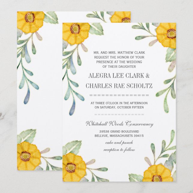 Invitation Elégant Mariage d'aquarelle jaune et vert (Devant / Derrière)