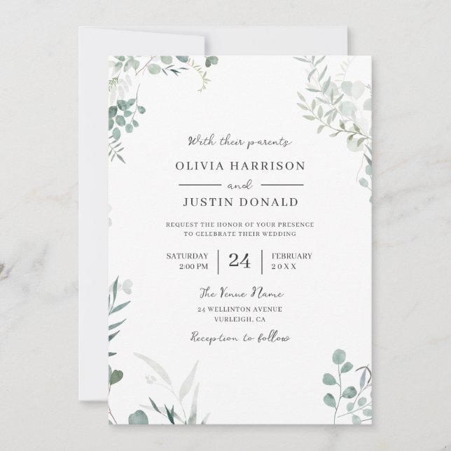 Invitation Elégant Mariage d'aquarelle moderne verdure (Devant)