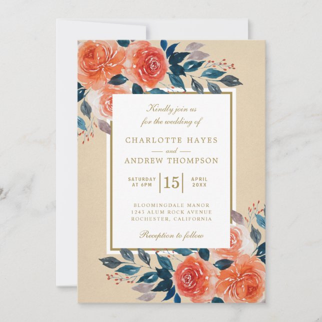 Invitation Elégant Mariage d'aquarelle orange (Devant)