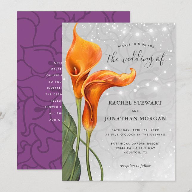 Invitation Elégant Mariage d'aquarelle orange Calla Lily (Devant / Derrière)