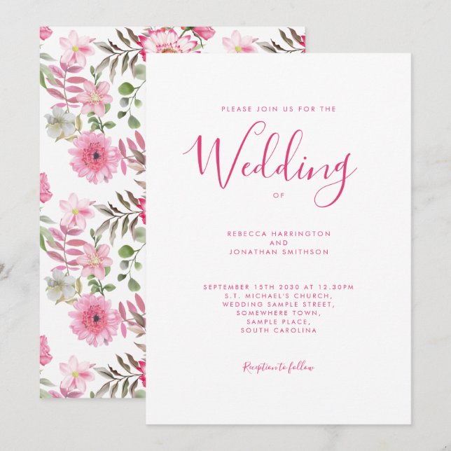 Invitation Élégant Mariage d'aquarelle rose (Devant / Derrière)