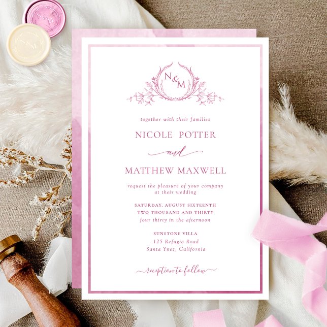 Invitation Élégant Mariage d'aquarelle rose monogramme mauve (Créateur téléchargé)