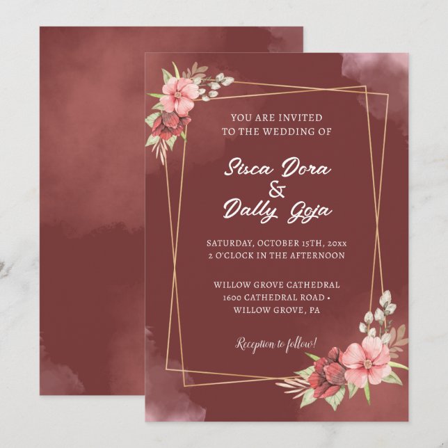 Invitation Elégant Mariage d'aquarelle rouge et blanc (Devant / Derrière)