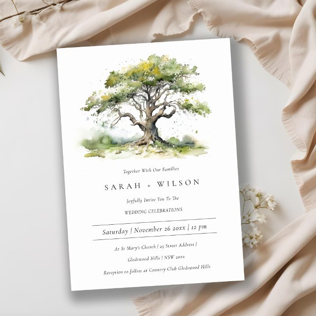 Invitation Élégant Mariage d'aquarelle verte en chêne (Créateur téléchargé)