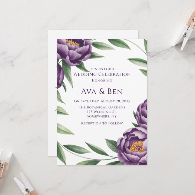 Invitation Élégant Mariage d'aquarelle violet Peonies (Devant/Arrière en situation)