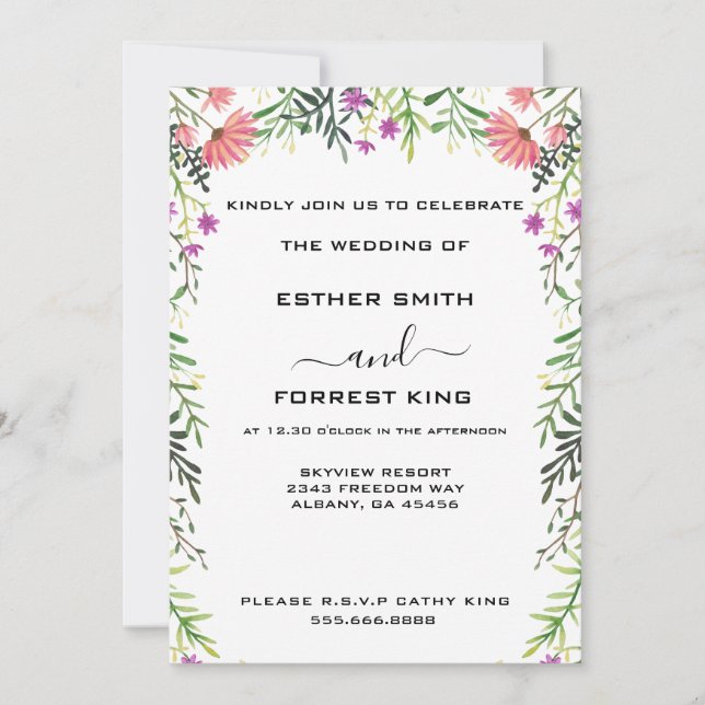 Invitation Élégant Mariage d'arbor rose et vert fleuri (Devant)