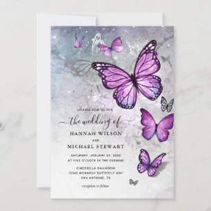 Invitation Élégant Mariage d'argent et de papillon pourpre