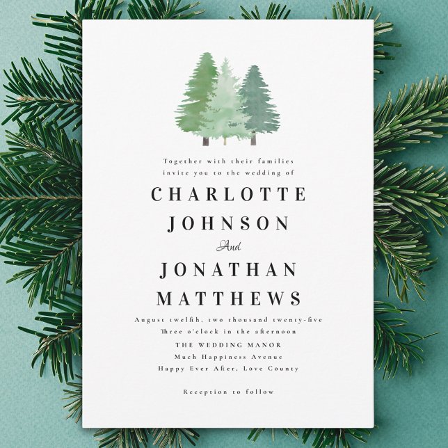 Invitation Elégant Mariage de bois simple aquarelle (Elegant modern Watercolor Woodland wedding invitation)