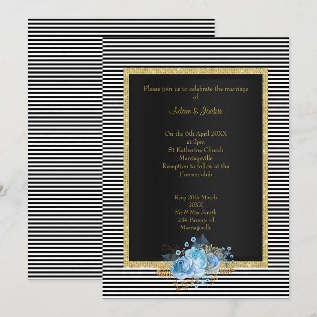 INVITATION ÉLÉGANT MARIAGE DE BOUQUET BLANC BLEU STRIPE (Devant / Derrière)