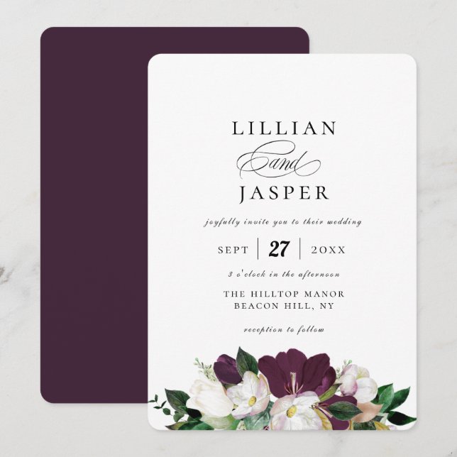 Invitation Élégant Mariage de bouquet floral d'ivoire violet (Devant / Derrière)