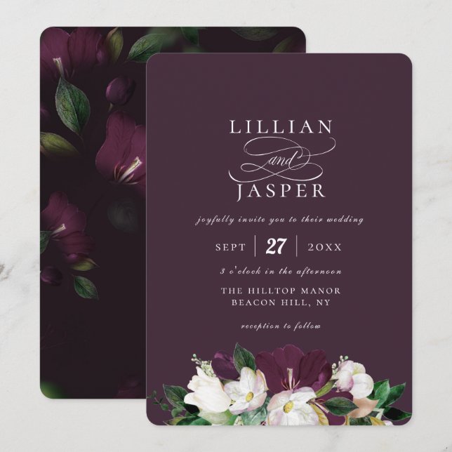 Invitation Élégant Mariage de bouquet floral d'ivoire violet (Devant / Derrière)