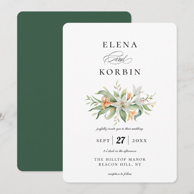 Invitation Élégant Mariage de bouquet floral Lily botanique (Devant / Derrière)