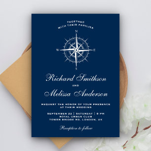 Invitation Élégant Mariage de boussole marine bleu blanc