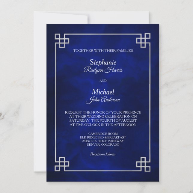 Invitation Elégant Mariage de cadre bleu argent (Devant)