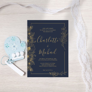 Invitation Elégant Mariage de cadre bleu marine et or floral