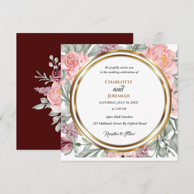 Invitation Elégant Mariage de cadre de cercle de verdure rose (Devant / Derrière)