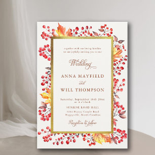 Invitation Elégant Mariage de cadre d'or de baies rouges