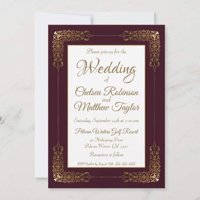 Invitation Élégant Mariage de cadre en dentelle or Bourgogne (Devant)