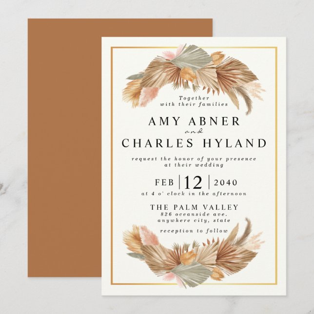 Invitation Elégant Mariage de cadre en laiton Boho Rose Or Pa (Devant / Derrière)